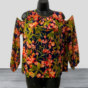 Karl Lagerfeld floral Lg sleeve w/ cutout shoulders‎ 95/5% poly/spand sz S (Y-8)